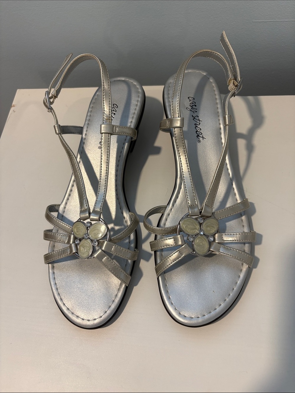 Easy Street Silver Floral T-Strap Slingback Sandals
